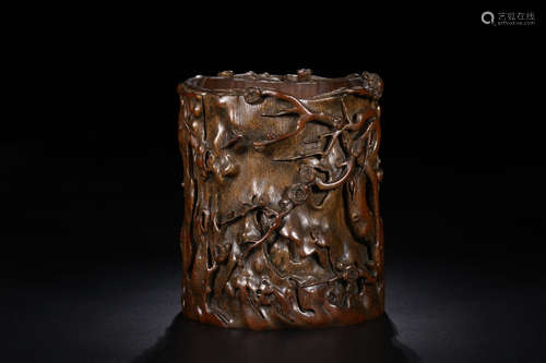 17-19TH CENTURY, A PLUM BLOSSOM PATTERN BAMBOO BRUSH POT, QING DYNASTY