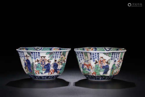 17-19TH CENTURY, A PAIR OF STORY DESIGIN EIGHT SQUARE PORCELAIN BOWL, QING DYNASTY