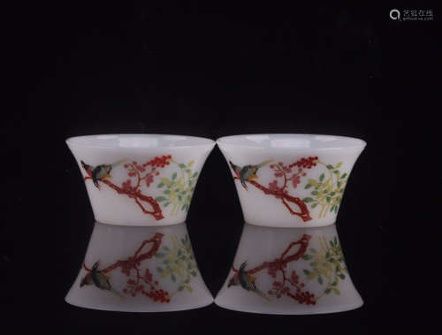 17-19TH CENTURY, A PAIR OF VERSE PATTERN COLOURED GLAZE CUP, QING DYNASTY