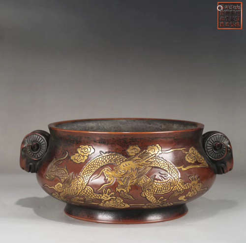 A BRONZE CASTED GRAGON PATTERN EAR CENSER