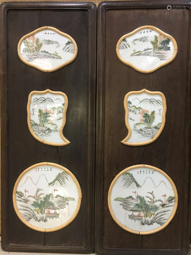 PAIR QIANJIANGCAI PORCELAIN AND RED WOOD BOARDS