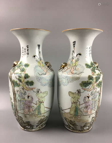 PAIR QIANJIANGCAI FIGURE PATTERN VASES