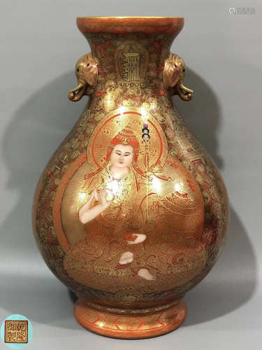 A GILDED THANGKA PATTERN EAR ZUN VASE