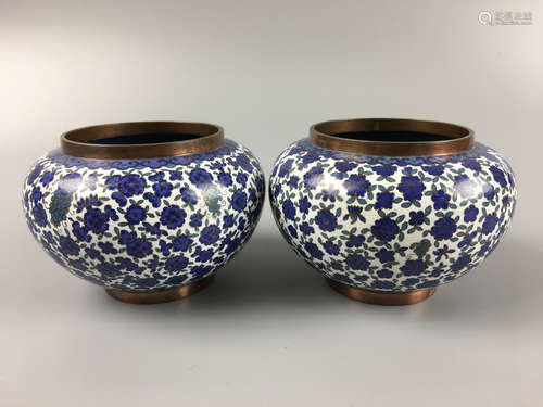 PAIR CLOISONNE BLUE FLORAL PATTERN JARS