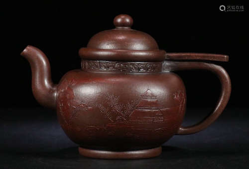 A ZISHA LANDSCAPE PATTERN TEA POT