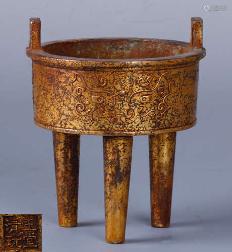 A GILT COPPER STRAIGHT TRIPOD CENSER