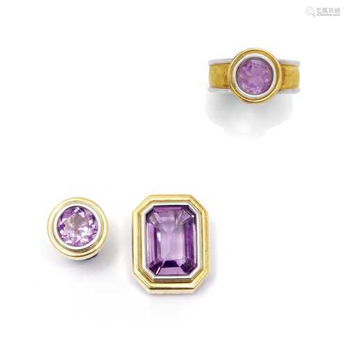 AMETHYST-GOLD-RING MIT PIN UND BROSCHE.