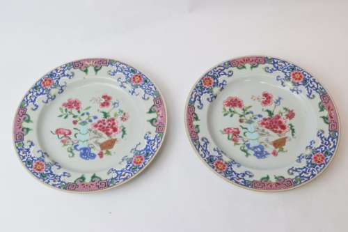 Pair of 18th C. Chinese Export Famille Rose Plates