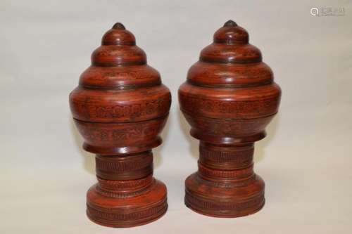 Pair of 19th C. Tibetan Red Lacquer Wood Offering Stand