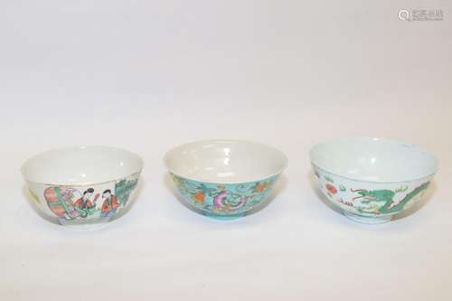 Three 19-20th C. Chinese Famille Rose Bowls