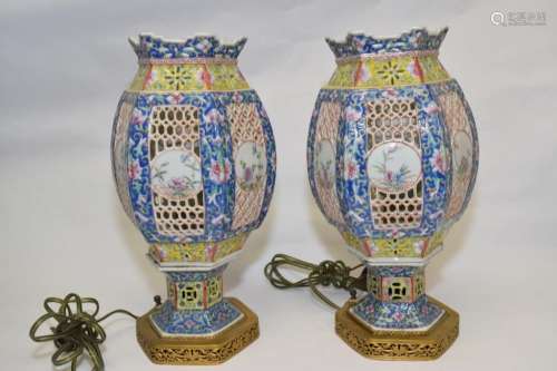Pair of 19th C. Chinese Famille Rose Lamps