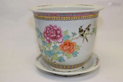 20th C. Chinese Famille Rose Flower Pot with Plate