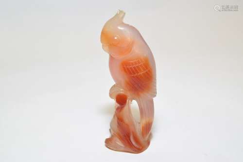 19th C. Chinese Red and White Agate Carved Parrot