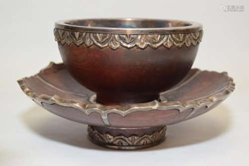 19-20th C. Chinese Silver Inlay Wood Bowl and Saucer