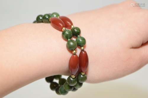 Spinach Jade and Red Agate Bead Bracelet
