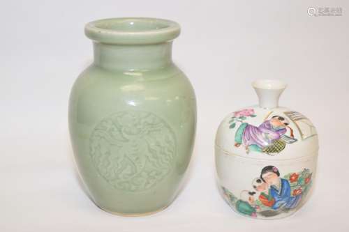 19th C. Chinese Pea Glaze Vase and Famille Rose Bowl