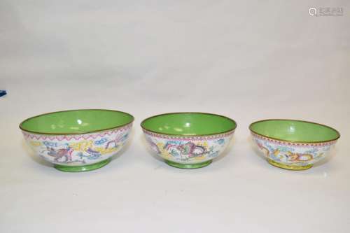 Three 19-20th C. Chinese Enamel over Bronze Bowls