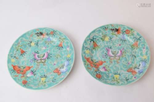 Two Republic Chinese Turquoise Glaze Famille Rose Plates