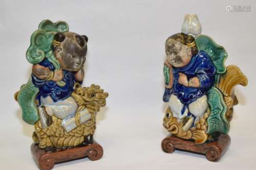 Pair of 20th C. Chinese ShiWan Glaze Boy and Girl