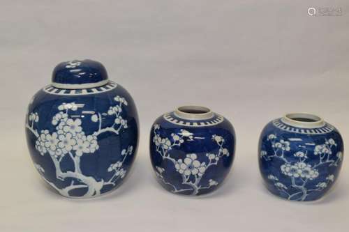 Three Chinese Blue and White Plum Jars