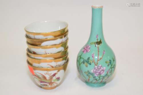 Group of Chinese Famille Rose Tea Cups and Vase