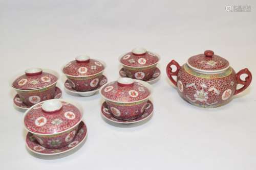 Group of 20th C. Chinese Famille Rose Tea Wares