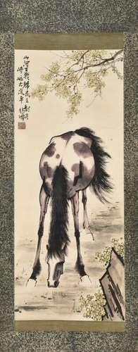 A CHINESE SCROLL PAINTING OF HORSE