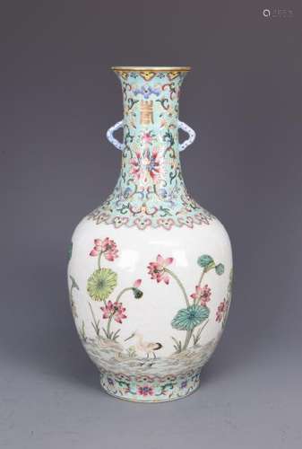 A FMILLE ROSE ' LOTUS AND CRANE' PORCELAIN VASE