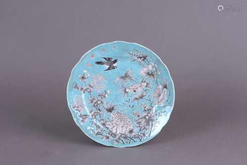 A BLUE GROUND 'FLOWER AND BIRD' DISH