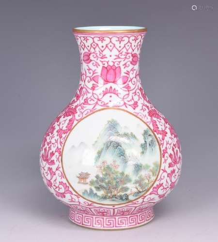 A PINK GLAZED 'FLOWER AND LANDSCAPE' VASE