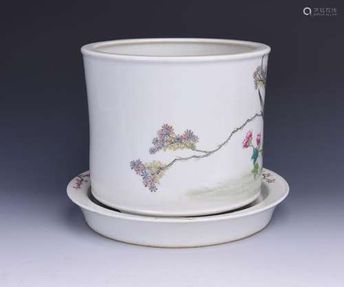 A FAMILLE ROSE 'MAGPIE' PORCELAIN JARDINIERE