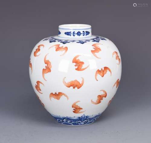 A BLUE AND WHITE AND IRON RED 'BAT' JAR