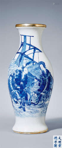 19世纪 青花牛郎织女纹橄榄瓶