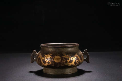 AN OLD DRAGON DESIGN DOUBLE-EAR GILT BRONZE FURNACE