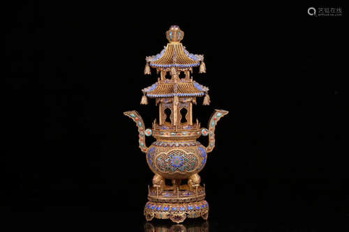 17-19TH CENTURY, A PAGODA DESIGN GILT SILVER CENSER, QING DYNASTY