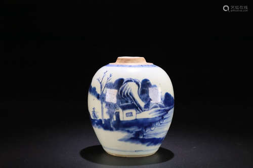 17-19TH CENTURY,  A BLUE&WHITE LANDSCAPE AND FIGURE PATTERN JAR, QING DYNASTY.