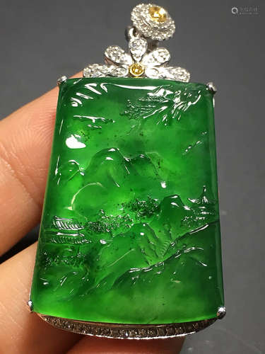 A LANDSCAPE DESIGN ZHENGYANG GREEN ICE JADEITE PENDANT