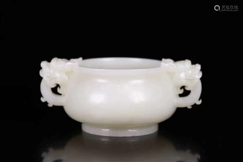 AN OLD, BOUBLE-EAR HETIAN JADE CENSER