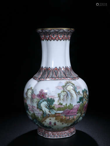 17-19TH CENTURY, A LANDSCAPE & FIGURE DESIGN ENAMEL PALACE VASE, QING DYNASTY.