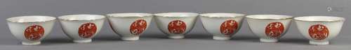 (lot of 7) Set of Chinese porcelain cups, featuring three phoenix roundels in red enamels,