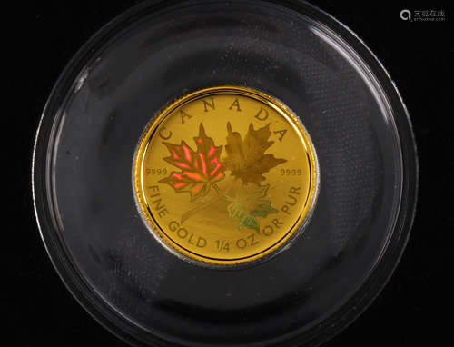 2001 quarter ounce gold maple leaf hologram coin in a custom wood presentation case, Superb Gem