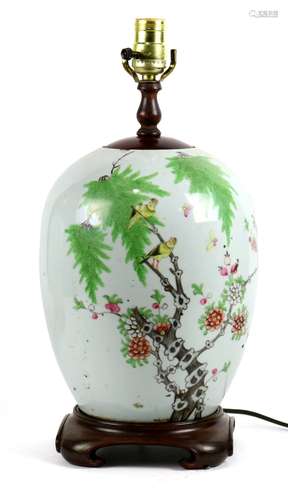 Chinese enameled porcelain jar, mounted as a lamp, the ovoid body decorated with two songbirds