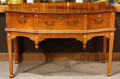 Federal style Philippine mahogany sideboard, having a band inlaid bow front above the conforming