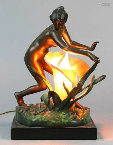 Art Nouveau style figural bronze and gold aurene glass shade boudoir lamp, after Louis J. Convers,