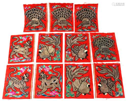 (lot of 11) Chinese textile fragments, gilt couched with tiger or goldfish on a red ground, largest: