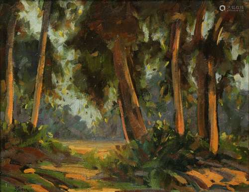 Dedrick Stuber (American, 1878-1954), Path Through the Eucalyptus, oil on canvas, signed lower left,