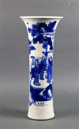 Chinese underglaze blue porcelain vase, of trumpet form featuring a group of people gathering at the