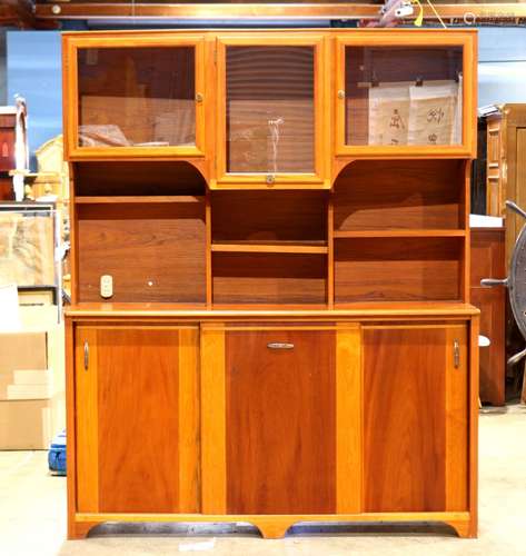 Custom American studio sideboard, executed in highly figured cherry, having three doors with glass