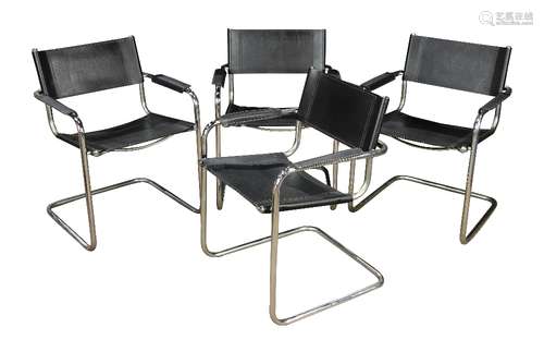 (lot of 4) Mies Van Der Rohe style Brno chairs, each having black upholstery on a chrome frame, 31