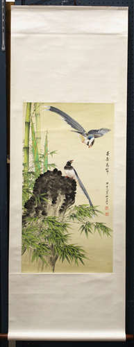 Manner of Tian Shiguang (Chinese, 1916-1999), Longevity Birds and Bamboo, ink and color on paper,